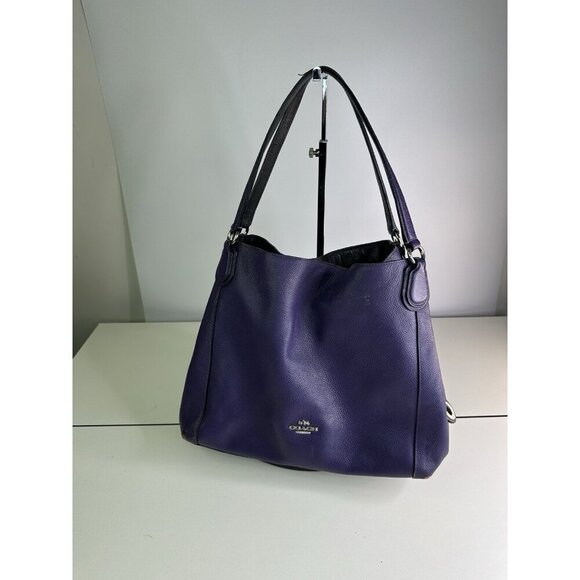 Vtg Coach Turnlock Edie Dark Purple Pebble Leather Shoulder Bag - Picture 1 of 16